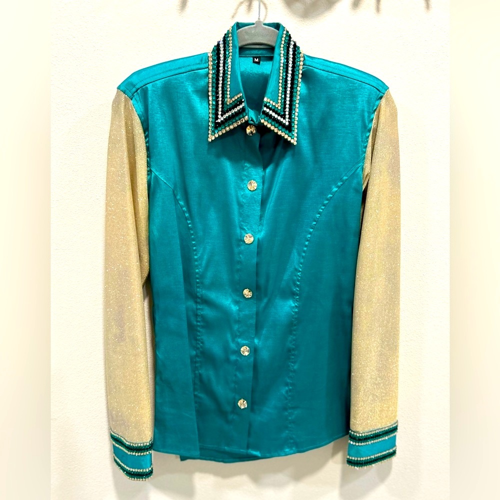 Women’s Teal & Gold western show shirt. Size medium